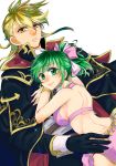  1girl absurdres aless_(fire_emblem) back black_cape black_capelet black_gloves blonde_hair bow bracelet breasts cape capelet choker collar collared_cape couple cravat earrings fire_emblem fire_emblem:_seisen_no_keifu gloves green_eyes green_hair hair_bow hetero highres jewelry large_breasts leen_(fire_emblem) lips long_hair looking_at_viewer parted_lips pink_bow ponytail shoulder_pads sideboob sidelocks smile sparkle taguchi_(igutiguti) yellow_eyes 