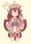  asui_tsuyu badge bag beige_background beret blue_neckwear blue_ribbon boku_no_hero_academia brown_eyes brown_hair brown_jacket brown_skirt button_badge camera commentary cropped_legs english english_commentary froakie gen_6_pokemon hair_rings hands_up hat highres holding jacket long_hair long_sleeves looking_at_viewer neck_ribbon pleated_skirt pokemon ribbon sally_(luna-arts) shirt simple_background skirt smile solo standing star very_long_hair w white_shirt 
