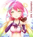 angel_wings bad_id bad_pixiv_id blush breasts chocolate chocolate_heart crop_top cross elbow_gloves feathered_wings gloves gradient_hair halo hand_on_own_chest heart highres ikasoke_(likerm6au) jibril_(no_game_no_life) large_breasts long_hair low_wings magic_circle midriff multicolored_hair no_game_no_life open_mouth pink_hair sideboob smile solo symbol-shaped_pupils tattoo valentine very_long_hair white_wings wing_ears wings yellow_eyes 