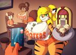  2016 anthro beverage big_breasts blonde_hair breasts clothing equine feline female georgia_lockheart hair hooters huge_breasts mammal money nipple_bulge smile stripes stunnerpony tabytha tiger voluptuous 