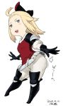  ahoge ass_smack blonde_hair blush_stickers boots bow bravely_default:_flying_fairy bravely_default_(series) edea_lee full_body gloves hair_bow looking_at_viewer open_mouth pants skirt smile solo tsukudani_(coke-buta) white_legwear 
