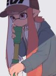 bangs baseball_cap blunt_bangs closed_mouth collared_shirt commentary_request domino_mask gomi_(kaiwaresan44) grey_background grey_coat hat holding inkling inkling_(language) light_frown long_hair long_sleeves looking_to_the_side mask pointy_ears purple_eyes red_hair red_hat shade shirt simple_background solo splat_roller_(splatoon) splatoon_(series) splatoon_1 tentacle_hair upper_body white_shirt 