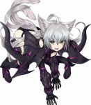  agrius_metamorphosis ahoge all_fours animal_ears atalanta_(alter)_(fate) atalanta_(fate) beriko_(dotera_house) black_armor cat_ears cat_tail eyebrows_visible_through_hair fate/grand_order fate_(series) gauntlets greaves green_eyes highres long_hair pauldrons silver_hair simple_background slit_pupils tail very_long_hair white_background 