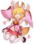  animal_ear_fluff animal_ears armpits arms_up bell blonde_hair closed_eyes detached_sleeves fox_ears fox_tail hair_ornament hairclip hakama_skirt heart japanese_clothes jingle_bell jumping kemomimi_oukoku_kokuei_housou legs_up long_hair miko mikoko_(kemomimi_oukoku_kokuei_housou) miniskirt navel open_clothes open_mouth open_shirt pink_shirt red_skirt ribbon rk_(rktorinegi) sandals shirt simple_background skirt smile solo tail thighhighs twintails virtual_youtuber white_background white_legwear 