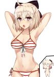  absurdres ahoge armpits arms_behind_head bad_id bad_pixiv_id bangs bikini black_bow blonde_hair bow breasts chibi covered_nipples eyebrows_visible_through_hair fate_(series) fengyue_jiang front-tie_bikini front-tie_top hair_between_eyes hair_bow highres large_breasts looking_at_viewer navel okita_souji_(fate) okita_souji_(fate)_(all) open_mouth red_eyes short_hair side-tie_bikini simple_background striped striped_bikini swimsuit white_background 