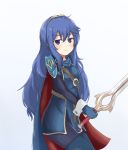 1girl armor blue_background blue_eyes blue_gloves blue_hair blue_legwear blush breasts cape chiru_(chirun0) cowboy_shot eyebrows_visible_through_hair female fire_emblem fire_emblem:_kakusei gloves highres holding holding_sword holding_weapon long_hair looking_at_viewer lucina matching_hair/eyes pauldrons simple_background skindentation small_breasts solo standing sword symbol_in_eye thighhighs tiara tunic weapon wrist_cuffs 