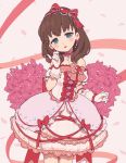  bangs bare_shoulders blue_eyes blush_stickers bougainvillea_(flower) bow bow_earrings brown_hair bubble_skirt choker commentary_request cowboy_shot cross-laced_clothes dress earrings eyebrows_visible_through_hair floral_background flower frilled_choker frilled_dress frills gloves gomi_(kaiwaresan44) hair_ornament hair_ribbon head_tilt heart heart_hair_ornament idol idolmaster idolmaster_cinderella_girls jewelry medium_hair open_mouth petals petticoat pink_bow pink_dress pinky_out polka_dot polka_dot_bow red_choker red_ribbon ribbon sakuma_mayu skirt smile solo strapless strapless_dress white_gloves 
