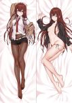  absurdres arm_belt ass bangs barefoot bed_sheet belt black_legwear black_panties black_shirt black_shorts blush brown_hair brown_jacket crotch_seam dakimakura dress_shirt eyebrows_visible_through_hair feet from_above full_body highres jacket legwear_under_shorts long_hair looking_at_viewer lying makise_kurisu multiple_views naked_shirt navel necktie off_shoulder on_back on_side open_clothes open_jacket open_shirt panties panty_pull pantyhose purple_eyes red_neckwear shirt short_shorts shorts side-tie_panties steins;gate string_panties thong underwear white_shirt zui_ai_shuang_mawei 