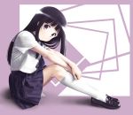  black_hair blue_skirt chitanda_eru commentary_request from_side hands_on_own_legs highres hyouka kneehighs loafers long_hair looking_at_viewer looking_to_the_side purple_eyes school_uniform serafuku shirt shoes sitting skirt smile solo tora_tsugumi white_legwear white_shirt 