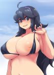  absurdres ahoge al_bhed_eyes arm_at_side bare_arms bare_shoulders bikini bikini_pull black_hair breasts collarbone commentary_request day hair_between_eyes hairband hand_up hex_maniac_(pokemon) highres huge_breasts long_hair looking_at_viewer micro_bikini minakami_(flyingman555) nail_polish navel nipples open_mouth outdoors pokemon pokemon_(game) pokemon_xy pulled_by_self purple_eyes purple_hairband purple_nails smile solo stomach sweat swimsuit upper_body 
