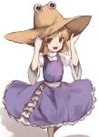  :d blonde_hair brown_eyes dress eyes hat hat_tug highres looking_at_viewer moriya_suwako open_mouth petticoat short_hair smile solo touhou turtleneck wide_sleeves yururi_nano 