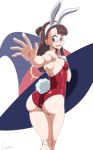  1girl artist_name ass blush breasts brown_hair bunny_ears bunny_tail bunnysuit canime embarrassed fake_animal_ears from_behind hips kagari_atsuko kneepits little_witch_academia long_hair looking_at_viewer looking_back signature sweat tail thick_thighs thighs wide-eyed wide_hips 