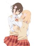 :d :o androgynous arm_up asagao_to_kase-san bangs blonde_hair blush bob_cut brown_eyes brown_hair cherry_blossoms collared_shirt commentary_request couple cowboy_shot eye_contact flower hair_between_eyes hair_flower hair_ornament hand_in_another's_hair happy height_difference highres kase_tomoka long_sleeves looking_at_another medium_hair multiple_girls neck_ribbon official_art open_mouth orange_ribbon petals plaid plaid_skirt profile red_skirt ribbon school_uniform shirt short_hair sideways_mouth simple_background skirt sleeve_cuffs sleeves_rolled_up smile standing sweater_vest tareme white_background white_shirt yamada_yui yuri 