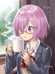  black-framed_eyewear black_jacket blazer blue_sky blurry blurry_background blush bow bowtie collared_shirt commentary_request cup day depth_of_field fate/grand_order fate_(series) flying_sweatdrops glasses hair_over_one_eye holding holding_cup indoors jacket long_sleeves looking_away mash_kyrielight mug open_blazer open_clothes open_jacket parted_lips pink_hair plaid_neckwear purple_eyes red_neckwear school_uniform shirt short_hair sky sleeves_past_wrists solo steam sweater tree twitter_username tyone whipped_cream white_shirt window 