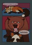  ambiguous_gender bear bed brown_eyes brown_fur canine comic dialogue dipstick_tail duo english_text feral first_person_view fox fur grizzly_bear lying mammal multicolored_tail on_back orange_fur paper-wings size_difference tan_fur text yellow_eyes 