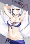  absurdres animal_ears armpits arms_behind_head azur_lane bangs bikini blue_eyes blunt_bangs breasts cleavage closed_mouth collarbone eyebrows_visible_through_hair fengyue_jiang fox_ears fox_mask fox_tail highres kaga_(azur_lane) looking_at_viewer mask mask_on_head medium_breasts multiple_tails navel sarong short_hair smile stomach swimsuit tail two-tone_bikini white_hair 