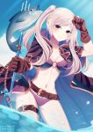  belt beltskirt bikini breasts female_my_unit_(fire_emblem:_kakusei) fire_emblem fire_emblem:_kakusei fire_emblem_heroes fish gloves hynori looking_at_viewer my_unit_(fire_emblem:_kakusei) navel ocean polearm robe smile swimsuit trident twintails water weapon white_hair yellow_eyes 