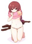  arm_behind_back barefoot blush breasts brown_eyes brown_hair clenched_hand closed_mouth commentary_request embarrassed eyebrows_visible_through_hair frown holding holding_staff kneeling log_horizon long_hair low-tied_long_hair lowleg lowleg_panties moro_(like_the_gale!) navel panties pink_scarf polka_dot polka_dot_panties scarf serara skindentation small_breasts staff thigh_gap topless underboob underwear white_panties 