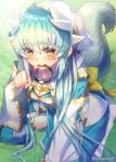  aqua_hair bangs blush breasts cleavage cleavage_cutout commentary_request detached_sleeves dog_tail eyebrows_visible_through_hair fate/grand_order fate_(series) heart heart-shaped_pupils highres hood hoodie japanese_clothes kiyohime_(fate/grand_order) kneeling long_hair looking_at_viewer minamo25 mouth_hold obi paw_pose sash solo symbol-shaped_pupils tail yellow_eyes 