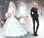  absurdres alternate_hairstyle azur_lane blue_gloves blue_hair blue_wedding_dress bouquet bridal_veil bug butterfly character_name church cleveland_(azur_lane) commentary_request dress flower formal gloves hair_up helena_(azur_lane) highres indoors insect multiple_girls necktie petals ponytail purple_eyes rosaline rose rose_petals strapless strapless_dress suit sunglasses veil wedding_dress wife_and_wife yuri 