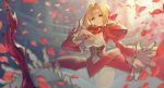  aestus_estus ahoge blonde_hair bow braid closed_mouth cowboy_shot dress fate/extra fate_(series) french_braid green_eyes hair_bow hair_bun hair_intakes juliet_sleeves leotard long_sleeves looking_at_viewer nero_claudius_(fate) nero_claudius_(fate)_(all) petals puffy_sleeves red_bow red_dress rose_petals see-through short_hair smile solo sword teko weapon white_leotard 