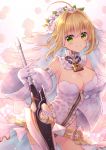  aestus_estus ahoge blonde_hair breasts cleavage closed_mouth cowboy_shot detached_collar detached_sleeves fate/extra fate_(series) flower gloves green_eyes hair_flower hair_intakes hair_ornament highres holding holding_sword holding_weapon large_breasts leotard lock looking_at_viewer nero_claudius_(bride)_(fate) nero_claudius_(fate)_(all) padlock sato_ame short_hair single_thighhigh smile solo sword thighhighs veil weapon white_gloves white_leotard white_sleeves zipper 