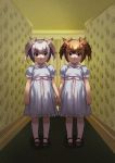  black_footwear blue_dress brown_eyes brown_hair closed_mouth collared_dress dress eurasian_eagle_owl_(kemono_friends) grady_sisters_(the_shining) grey_hair hallway head_wings holding_hands indoors kemono_friends kneehighs looking_at_viewer mary_janes multicolored_hair multiple_girls northern_white-faced_owl_(kemono_friends) parody pink_ribbon puffy_short_sleeves puffy_sleeves ribbon roonhee sash shaded_face shoes short_hair short_sleeves siblings socks the_shining twins two-tone_hair white_legwear 