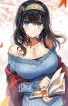  bangs bare_shoulders black_hair blue_eyes blue_sweater book breasts collarbone commentary_request eyebrows_visible_through_hair gijang hair_between_eyes hairband idolmaster idolmaster_cinderella_girls jewelry large_breasts leaf long_hair looking_at_viewer necklace off-shoulder_sweater open_book parted_lips pendant plaid ribbed_sweater sagisawa_fumika shawl solo sweater 
