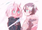  1boy 1girl black_cloak black_hair blue_eyes cloak coat couple crying crying_with_eyes_open dari_fura0507 darling_in_the_franxx fringe fur_trim green_eyes grey_coat hetero hiro_(darling_in_the_franxx) hooded_cloak horns long_hair looking_at_another oni_horns parka pink_hair red_horns red_skin short_hair winter_clothes winter_coat younger zero_two_(darling_in_the_franxx) 
