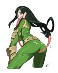  absurdres ass asui_tsuyu between_legs blush_stickers bodysuit boku_no_hero_academia chen_zhang from_behind gloves green_bodysuit green_eyes green_hair hair_rings highres long_hair long_tongue looking_back low-tied_long_hair simple_background solo tongue very_long_hair very_long_tongue white_background 