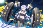  absurdres alternate_costume alternate_eye_color alternate_hair_color azur_lane bangs black_gloves black_legwear black_skirt blue_fire breasts bustier cape cleavage collar crop_top dark_persona duke_of_york_(azur_lane) dutch_angle earrings elbow_gloves fengyue_jiang fire full_moon gloves glowing glowing_eye halter_top halterneck highres holding holding_sword holding_weapon jewelry large_breasts light_blue_hair long_hair looking_at_viewer machinery midriff miniskirt moon navel night night_sky pale_skin pantyhose parted_bangs pleated_skirt pointy_ears skirt sky smile solo spiked_collar spikes sword thighband_pantyhose underwear wading water weapon yellow_eyes 