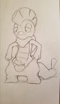  balls clothing denzeltip foreskin line_art male monochrome nintendo pants penis pok&eacute;mon pok&eacute;mon_(species) reptile scalie scrafty simple_background solo video_games 