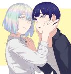 alternate_costume androgynous bangs blue_eyes blue_hair blunt_bangs casual colored_eyelashes contemporary diamond_(houseki_no_kuni) face-to-face hand_on_another's_face hand_on_another's_shoulder heterochromia highres houseki_no_kuni humanization looking_at_viewer multicolored multicolored_eyes multicolored_hair multiple_others nail_polish phosphophyllite phosphophyllite_(ll) rainbow_eyes rainbow_hair shirt short_hair smile spoilers tea_oden upper_body white_eyes 