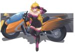 alex_kellar blonde_hair blush breasts bumblebee_(rwby) cleavage cosplay dress elbow_gloves fate/stay_night fate_(series) gloves ground_vehicle long_hair looking_at_viewer motor_vehicle motorcycle purple_eyes rider rider_(cosplay) rwby smile solo strapless strapless_dress thighhighs tongue tongue_out yang_xiao_long zettai_ryouiki 
