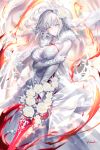  artist_name bangs bare_shoulders blush breasts bridal_veil bride chain cleavage closed_mouth commentary_request dress elbow_gloves eyebrows_visible_through_hair fate/grand_order fate_(series) fire flower fur_collar gloves hair_ornament jeanne_d'arc_(alter)_(fate) jeanne_d'arc_(fate)_(all) kousaki_rui large_breasts looking_at_viewer pale_skin rose signature silver_hair solo sword veil weapon wedding_dress white_dress white_flower white_gloves white_rose yellow_eyes 