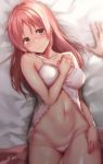  abe_nana babydoll bangs bare_shoulders blush breasts brown_eyes collarbone commentary hand_on_own_chest highres hips idolmaster idolmaster_cinderella_girls large_breasts long_hair looking_at_viewer lying navel on_back on_bed orange_hair out_of_frame panties pink_panties pov pov_hands sakiryo_kanna shiny shiny_skin solo_focus sweat underwear 