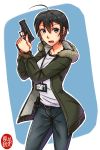  ahoge black_hair blue_eyes denim fang fur_trim gun handgun highres holding holding_gun holding_weapon holster id_card jacket jeans ndtwofives original pants pistol short_hair sig_sauer sig_sauer_p250 simple_background solo trigger_discipline watch weapon wristwatch 