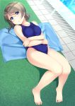  bare_shoulders barefoot blue_eyes blue_swimsuit blue_towel competition_swimsuit covered_navel crossed_arms feet full_body grey_hair highres hino_minato_(spec.c) looking_at_viewer love_live! love_live!_sunshine!! lying one-piece_swimsuit pool poolside short_hair solo swimsuit towel watanabe_you 
