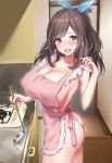  :d apron arm_up ass bangs bare_shoulders blush breasts brown_eyes brown_hair cleavage collarbone commentary_request counter eyebrows_visible_through_hair frills from_side highres holding holding_spoon idolmaster idolmaster_shiny_colors kitchen large_breasts long_hair looking_at_viewer naked_apron nanae nude open_mouth pink_apron ponytail smile spoon stove tsukioka_kogane wooden_floor 
