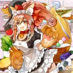  animal_ears apron bell bell_collar blush_stickers breasts carrot cat_hair_ornament cat_paws collar dango doughnut egg eggplant fangs fate/grand_order fate_(series) food fox_ears fox_tail gloves hair_ornament hair_ribbon indoors jingle_bell kitchen large_breasts long_hair maid_headdress milk omelet paw_gloves paws pink_hair ponytail red_ribbon ribbon rice solo tail tamamo_(fate)_(all) tamamo_cat_(fate) tomato wagashi yellow_eyes yubacha 