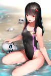  black_hair black_swimsuit bug butterfly competition_swimsuit fate/grand_order fate_(series) flat_chest highres insect kageshio_(276006) koha-ace long_hair looking_at_viewer oda_nobunaga_(fate) one-piece_swimsuit red_eyes sitting skull solo swimsuit waves yokozuwari 