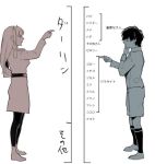  1boy 1girl boots couple darling_in_the_franxx fringe hair_ornament hairband hand_on_own_chin hetero hiro_(darling_in_the_franxx) horns long_hair long_sleeves military military_uniform monochrome oni_horns pantyhose pointing pointing_finger sacia1103 shoes short_hair socks translation_request uniform zero_two_(darling_in_the_franxx) 