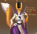  2018 3_fingers angry anthro black_sclera blue_eyes claws clothed clothing dialogue digimon digital_media_(artwork) dipstick_ears dipstick_tail doomthewolf english_text facial_markings female hand_on_hip looking_at_viewer markings multicolored_tail patreon simple_background solo taomon text url 