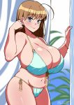  ahoge bikini blue_eyes blush breasts brown_hair cleavage collarbone cowboy_shot earrings front-tie_bikini front-tie_top huge_breasts jewelry komusou_(jinrikisha) long_hair looking_at_viewer navel ooba_minori original side-tie_bikini sideboob smile solo standing stud_earrings swimsuit 