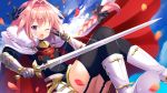  all_male armor astolfo blush boots bow braids cape clouds elbow_gloves fang fate/apocrypha fate_(series) garter_belt gloves long_hair male petals pink_hair ponytail purple_eyes sky stockings sword thighhighs tougetsu_hajime trap weapon wink 
