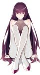  breasts cleavage collarbone crossed_legs dress fate/grand_order fate_(series) high_heels highres long_hair looking_at_viewer pantyhose purple_hair red_eyes scathach_(fate)_(all) scathach_(fate/grand_order) see-through sheer_clothes sitting smile solo very_long_hair vic white_legwear 