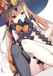  abigail_williams_(fate/grand_order) asymmetrical_legwear bangs black_bow black_hat blonde_hair blurry blurry_foreground blush bow closed_mouth commentary_request depth_of_field dutch_angle fate/grand_order fate_(series) grey_legwear hat hat_bow highres keyhole long_hair looking_at_viewer nude orange_bow parted_bangs pointy_ears red_eyes revealing_clothes sekisei simple_background single_thighhigh sitting smile solo stuffed_animal stuffed_toy teddy_bear thighhighs very_long_hair white_background witch_hat 