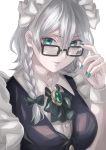  adjusting_eyewear bad_id bad_twitter_id bespectacled black-framed_eyewear black_bow black_neckwear black_ribbon blue_eyes blue_nails bow braid breasts brooch commentary_request glasses hair_between_eyes hair_bow hand_up izayoi_sakuya jan_(lightdragoon) jewelry looking_at_viewer maid maid_headdress medium_breasts nail_polish neck_ribbon parted_lips ribbon short_hair silver_hair simple_background smile solo touhou twin_braids upper_body white_background wing_collar wrist_cuffs 