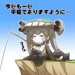  =_= bodysuit boots cape chibi closed_eyes comic commentary curly_hair eyebrows_visible_through_hair fishing_rod gloves grey_hair hat hisahiko holding holding_fishing_rod i-class_destroyer kantai_collection shinkaisei-kan sidelocks sitting sleeping tentacles thighhighs translated wo-class_aircraft_carrier 