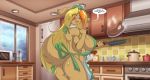  2018 5_fingers anthro big_breasts big_butt blonde_hair blue_eyes blush breasts butt canine cooking day detailed_background dialogue dog english_text female food fur hair happy highlights inside kitchen mammal mastergodai open_mouth orange_highlights side_boob solo speech_bubble tan_fur text thick_thighs voluptuous wide_hips 